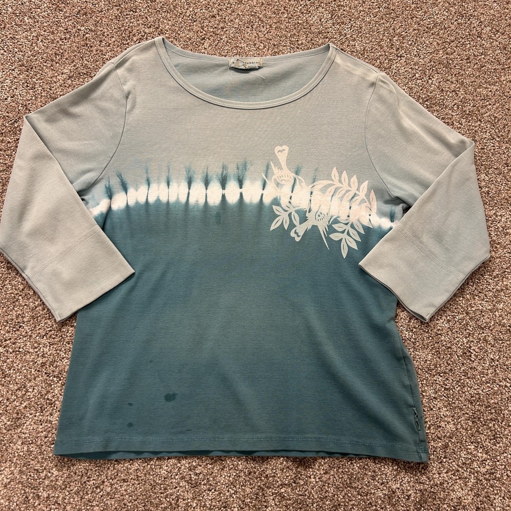 Royal Robbins Shirt Womens L Blue Ombre Tie Dye Bird Graphic 3/4 Sleeve Top